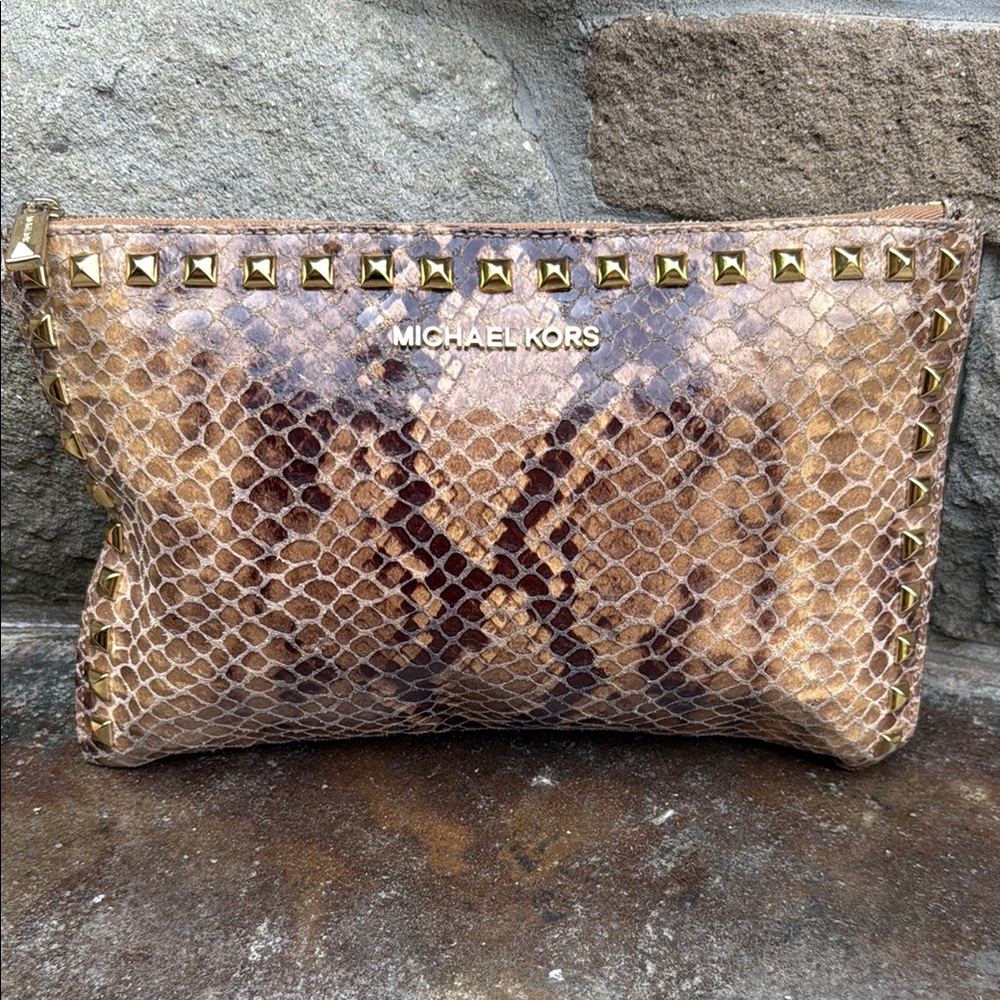 Michael Kors Brown Snakeskin look Clutch with Gold Accents